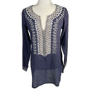 Sachin + Babi Long Sleeve Tunic Blouse Small Blue Embroidered V-Neck